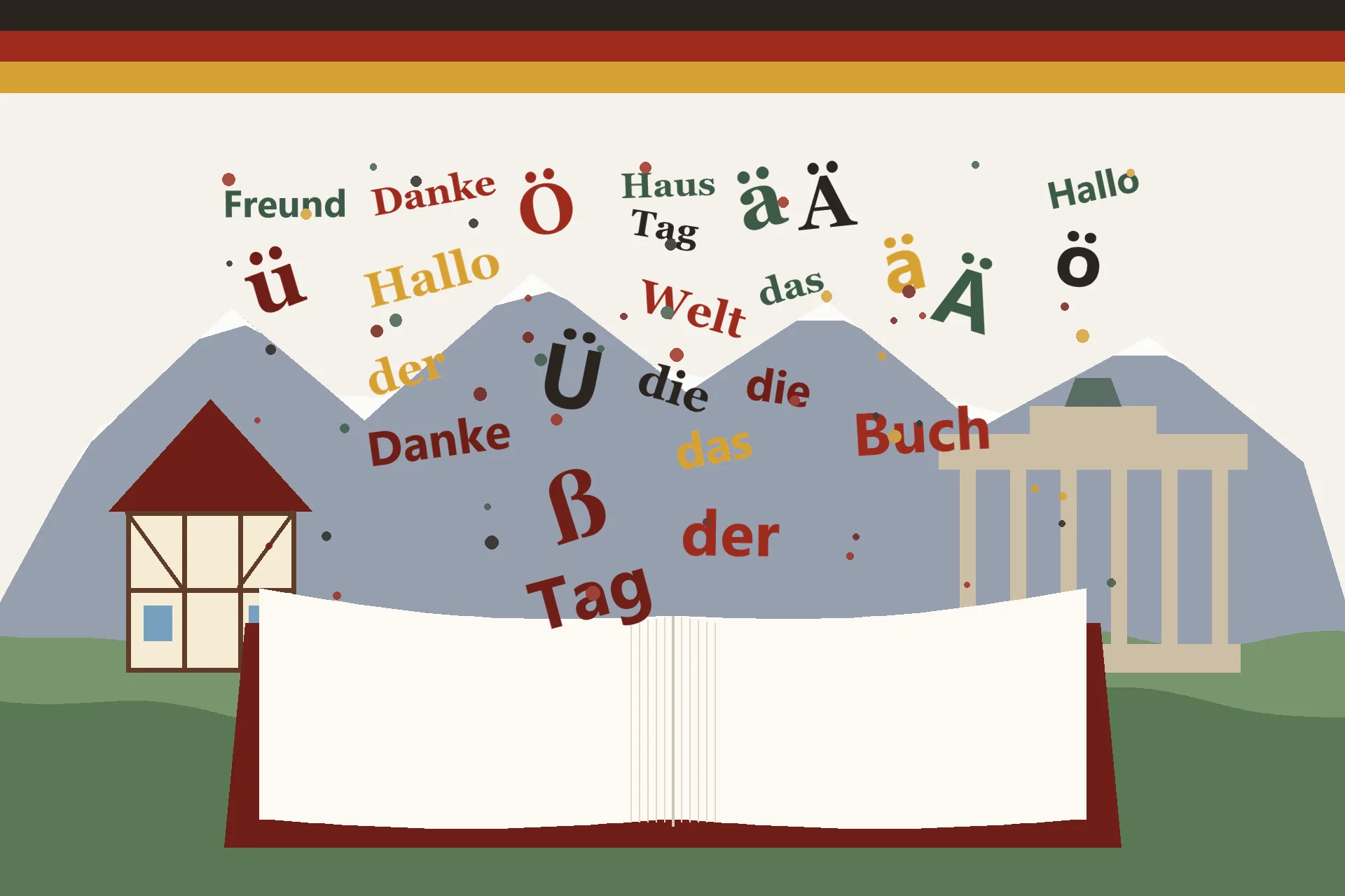 Ilustrasi buku terbuka dengan kata-kata Jerman seperti der, die, das, dan huruf ß, Ä, Ö, Ü yang beterbangan, pegunungan Alpen, Gerbang Brandenburg, dan rumah berangka kayu